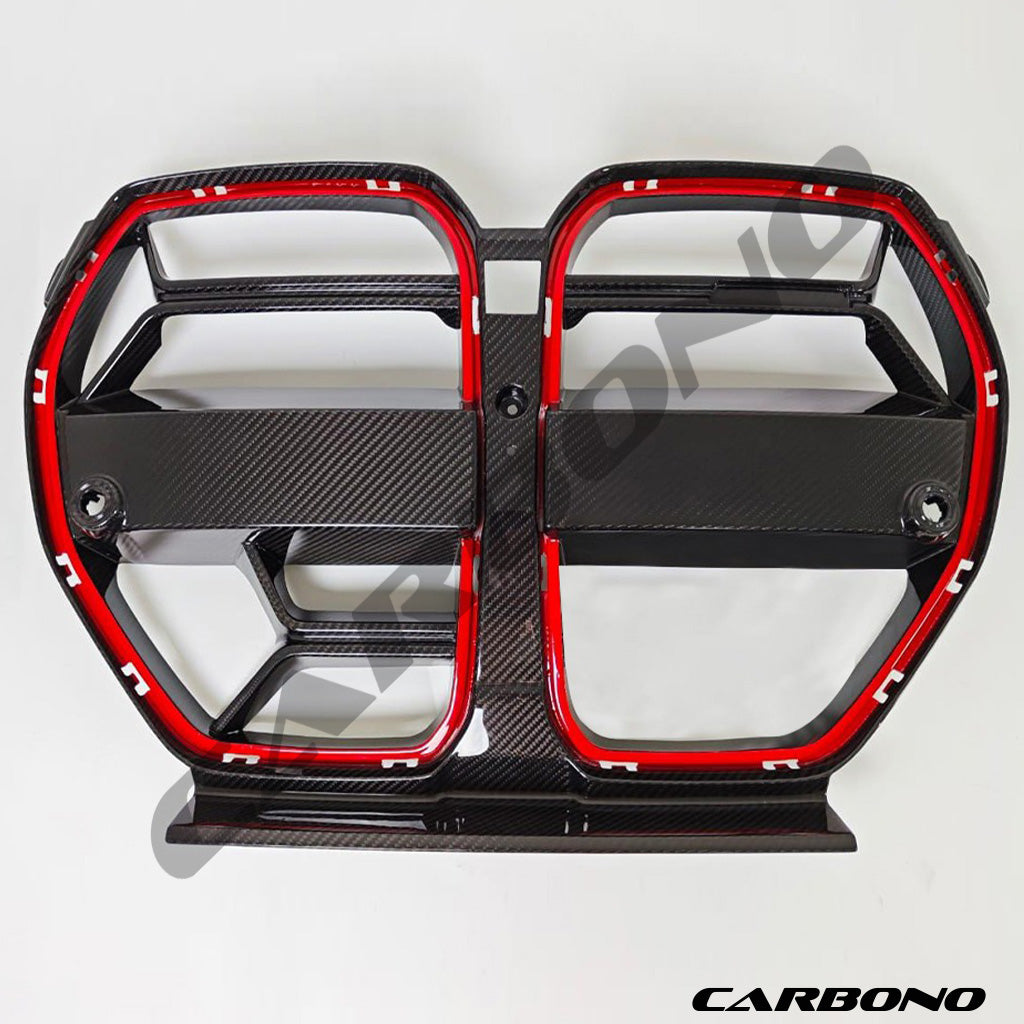 Kühlergrill CB EVO-V2 ROT umrandet in Dry Carbon - passend für BMW M3, M4 (G80, G81, G82, G83)