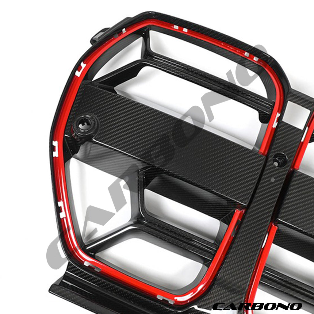 Kühlergrill CB EVO-V2 ROT umrandet in Dry Carbon - passend für BMW M3, M4 (G80, G81, G82, G83)