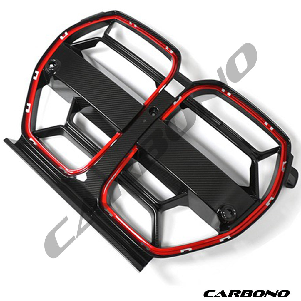 Kühlergrill CB EVO-V2 ROT umrandet in Dry Carbon - passend für BMW M3, M4 (G80, G81, G82, G83)