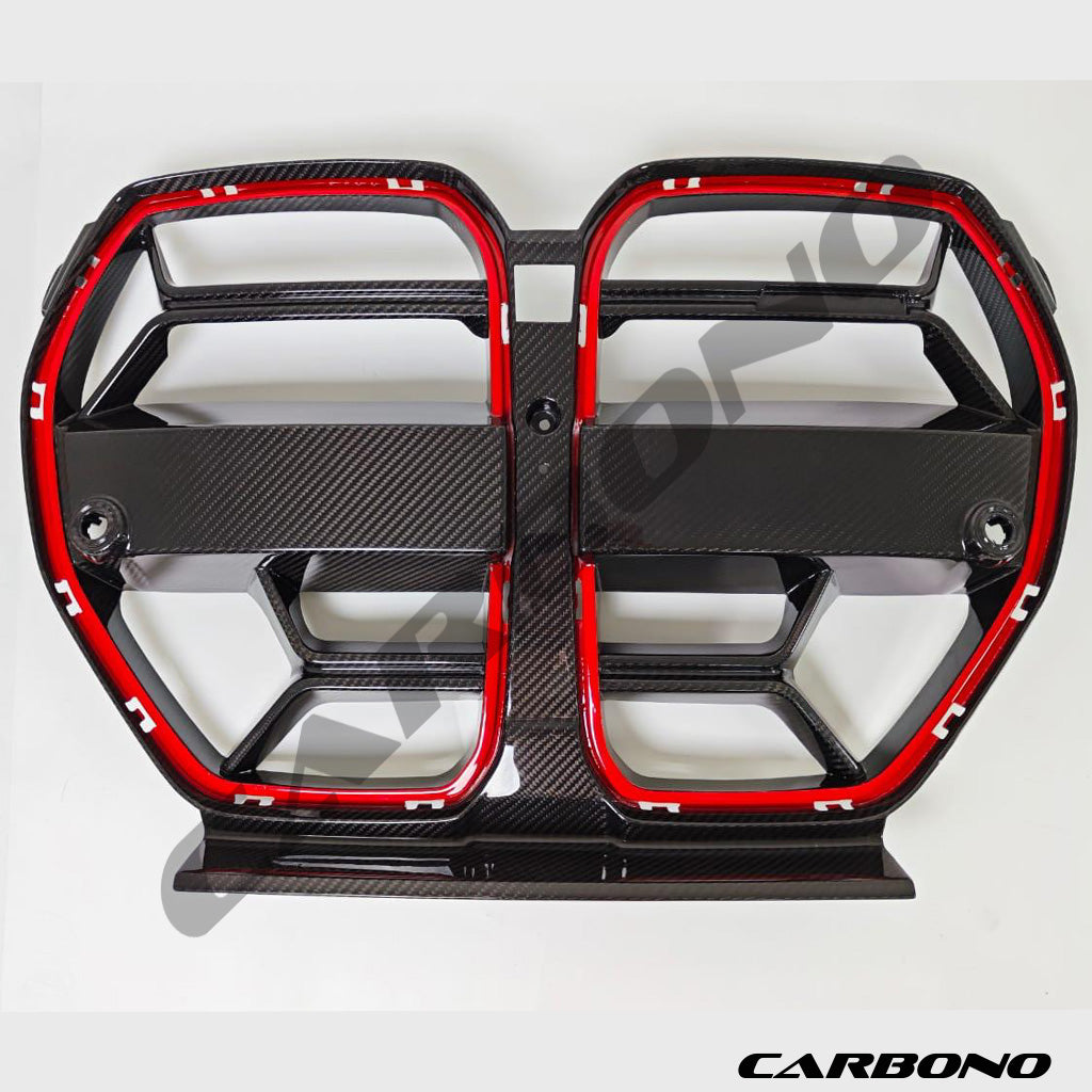 Kühlergrill CB EVO-V2 ROT umrandet in Dry Carbon - passend für BMW M3, M4 (G80, G81, G82, G83)